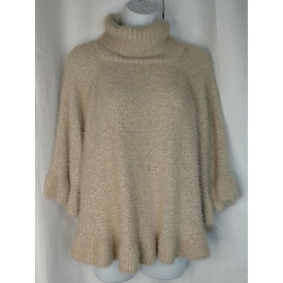 Anthropologie Beige Fluffy Knit Poncho With Turtleneck - Picture 1 of 7